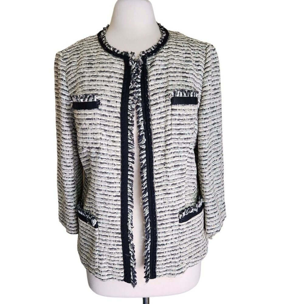 Lafayette 148 Tweed Blazer Women's 12 Metallic Shimmer Navy Blue Silver Career